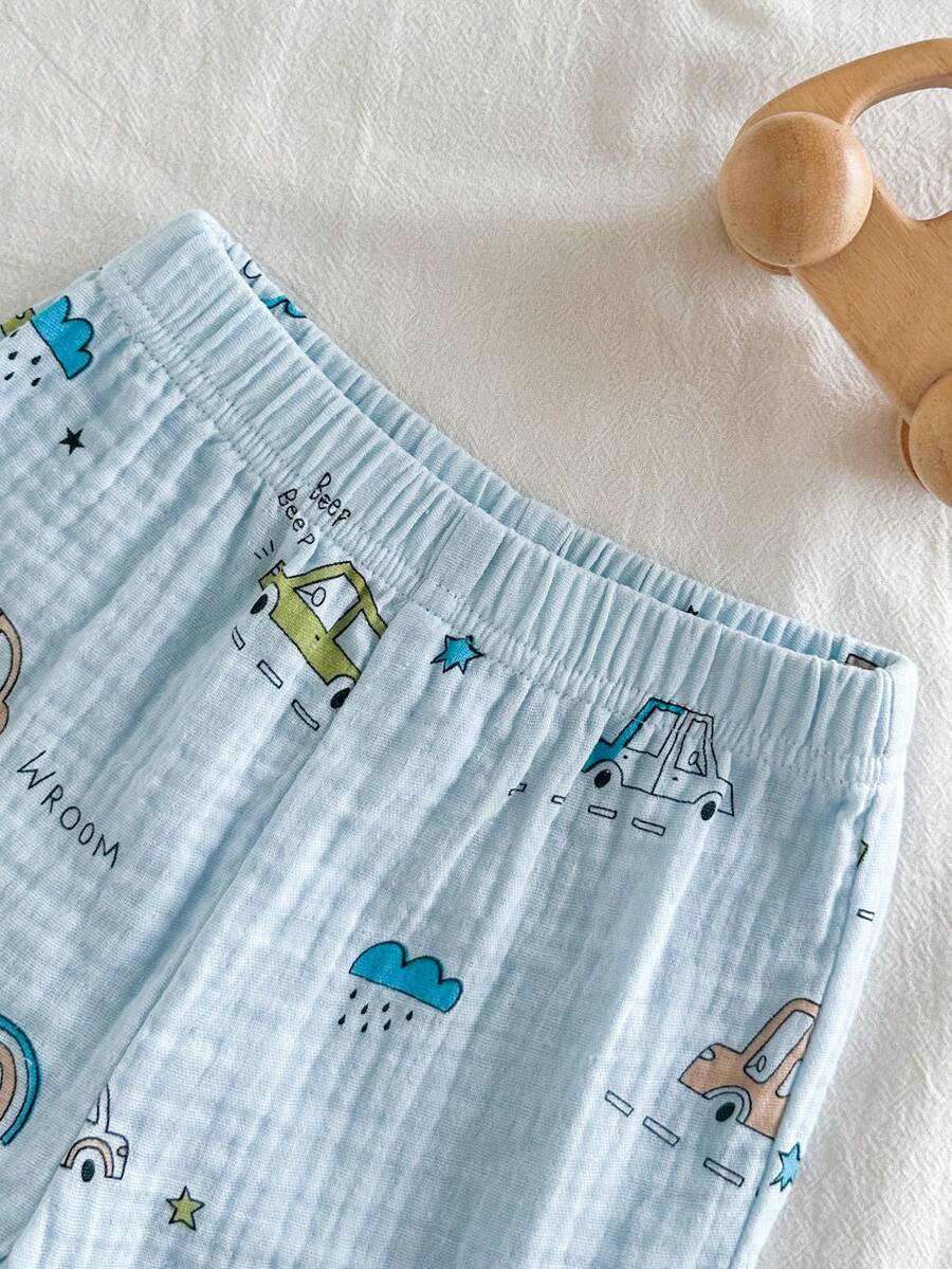 Toddler Boy Summer Vacation Outfit: Plant Print Shirt and Elastic Waist Shorts