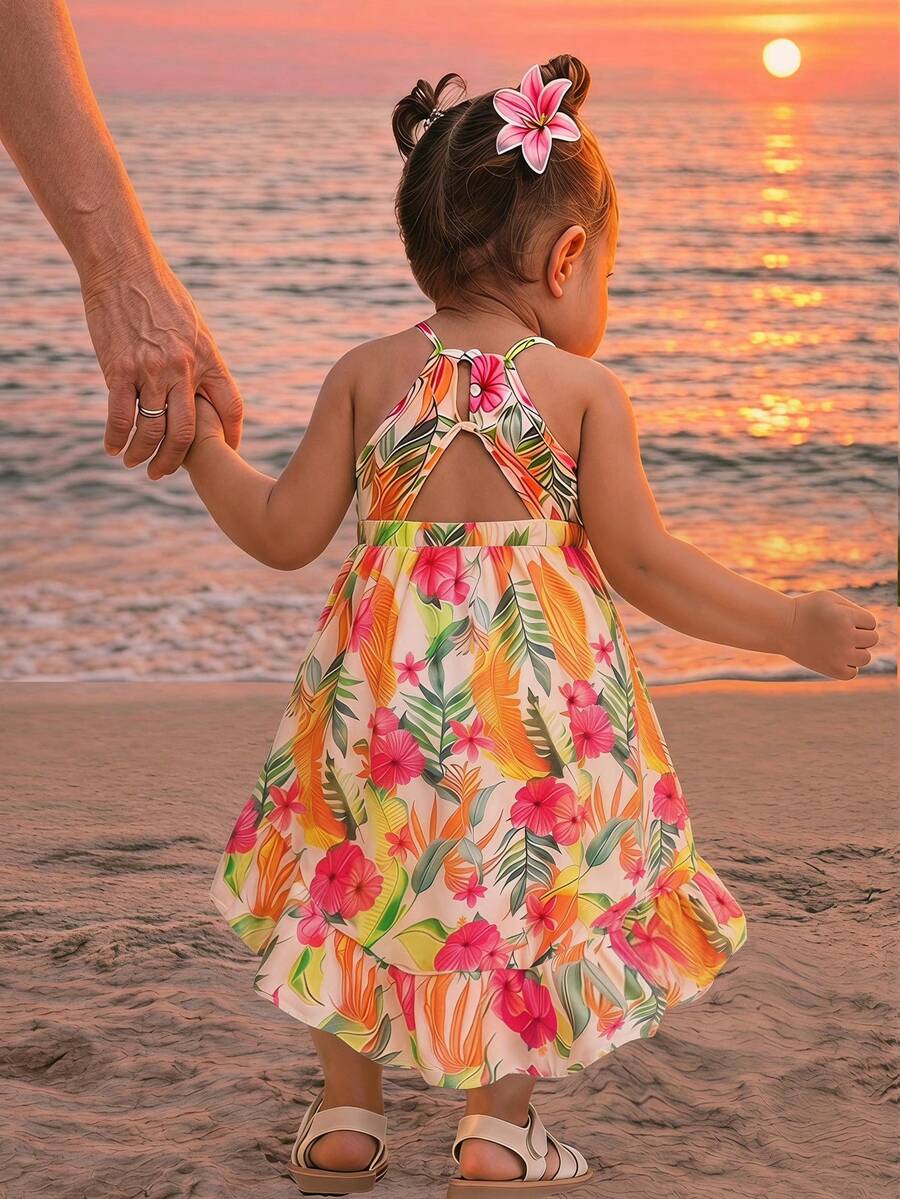 Little Girls Tropical Halter Sundress With High Low Hem Beach Vacation Wear