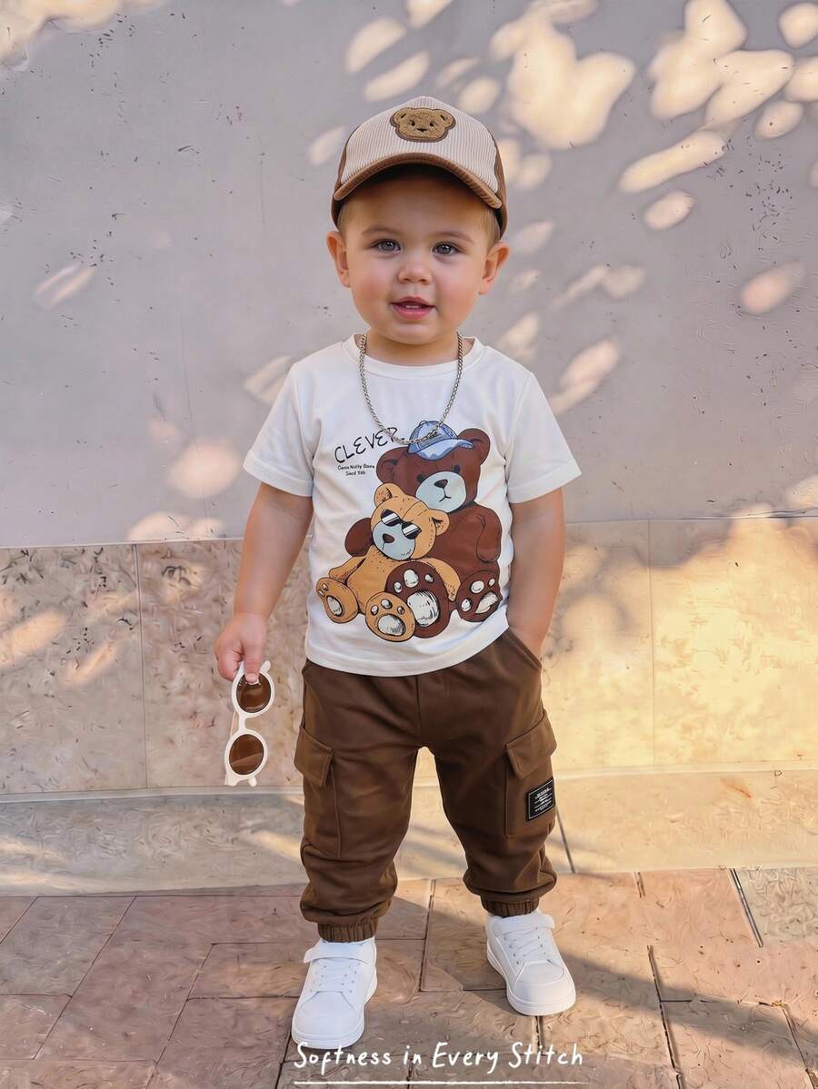 Baby Boy Letter Print T Shirt and Large Pocket Pants 2 Piece Casual Outfit Set for Spring Summer Autumn