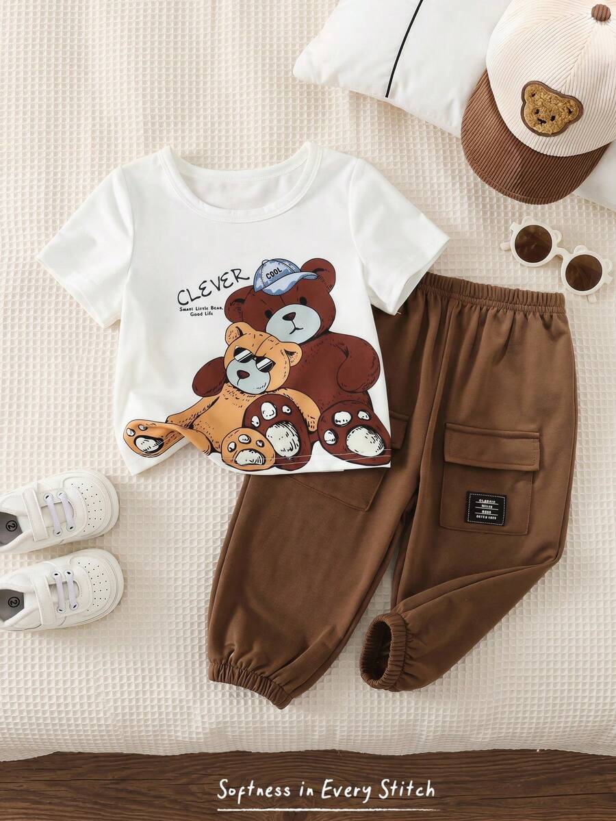 Baby Boy Letter Print T Shirt and Large Pocket Pants 2 Piece Casual Outfit Set for Spring Summer Autumn