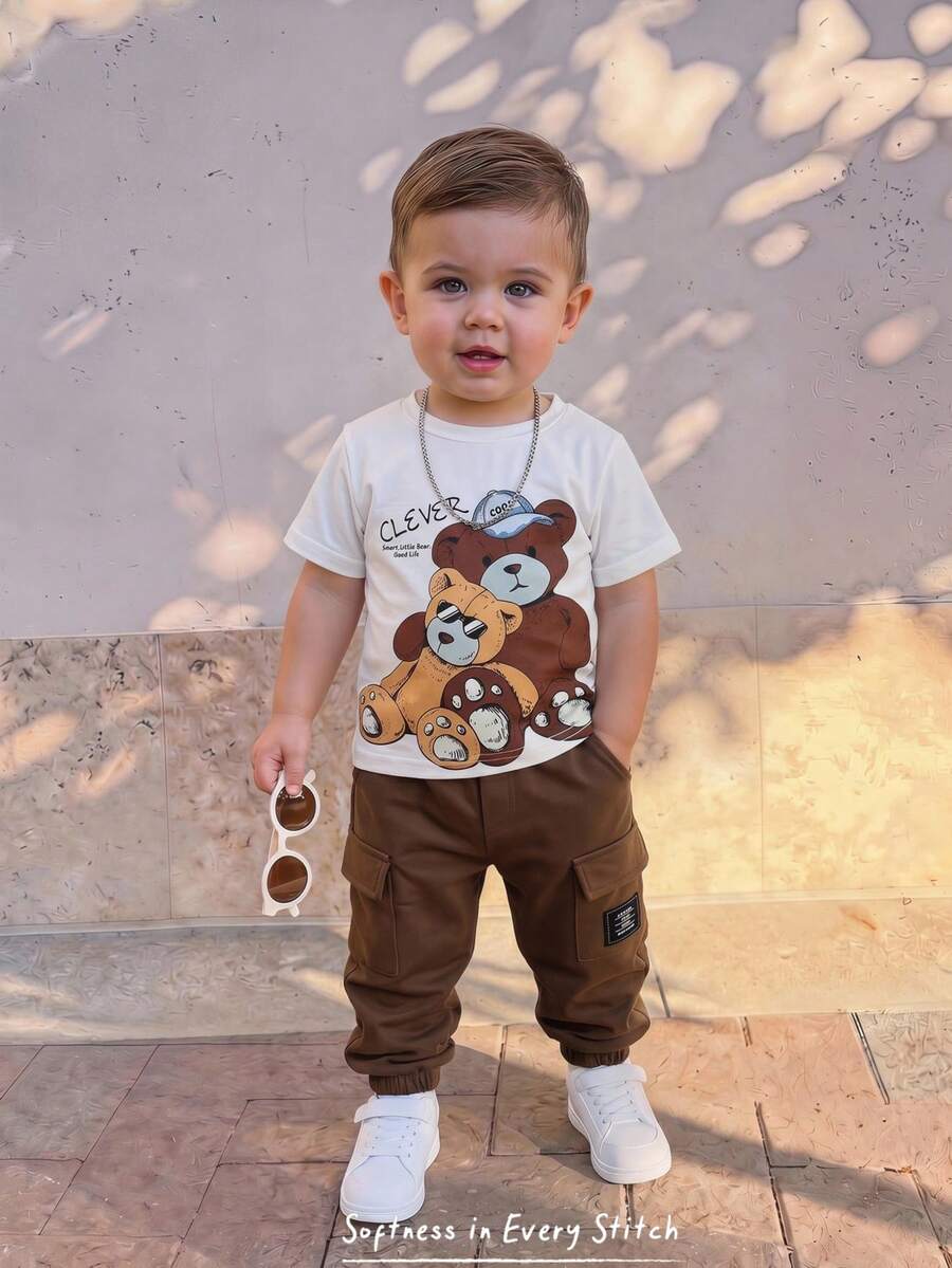 Baby Boy Letter Print T Shirt and Large Pocket Pants 2 Piece Casual Outfit Set for Spring Summer Autumn