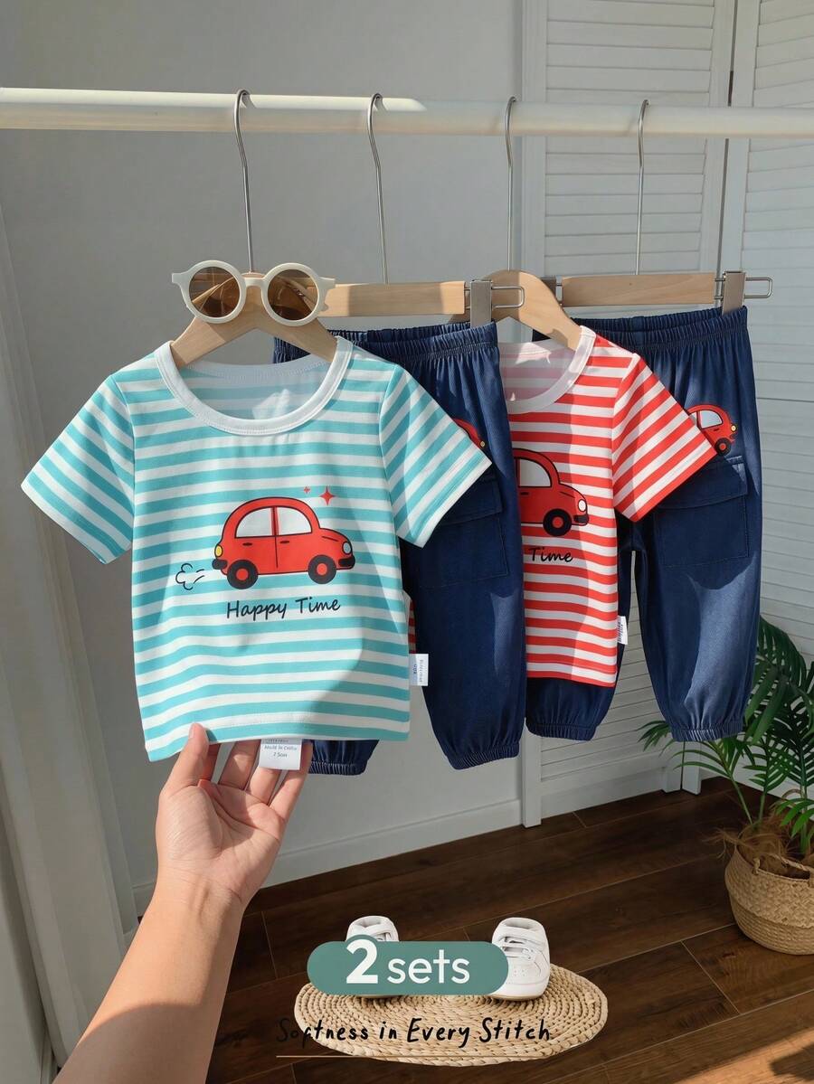Baby Boy Letter Print T Shirt and Large Pocket Pants 2 Piece Casual Outfit Set for Spring Summer Autumn