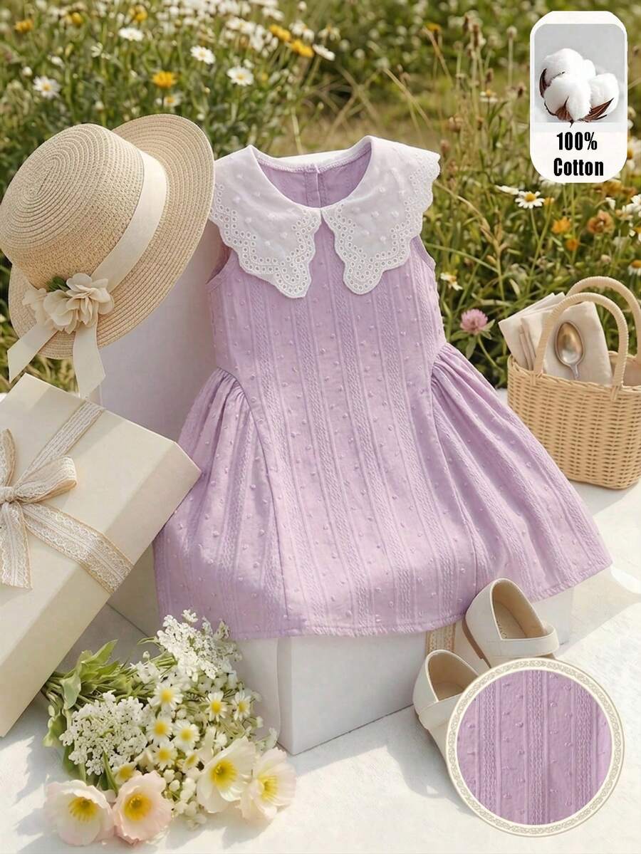 Little Girls Princess Pink Dress With Peter Pan Collar And Lace Detail