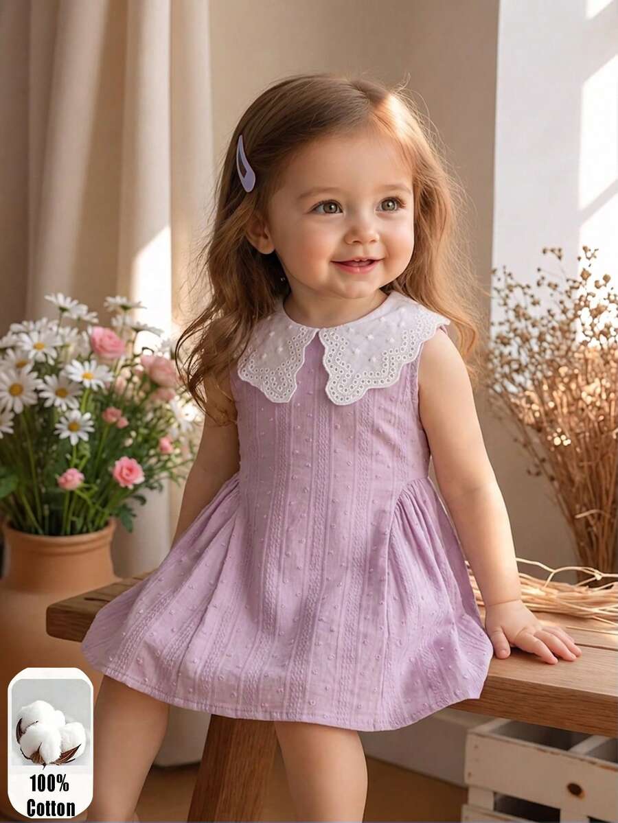 Little Girls Princess Pink Dress With Peter Pan Collar And Lace Detail