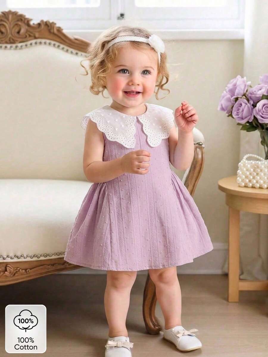 Little Girls Princess Pink Dress With Peter Pan Collar And Lace Detail