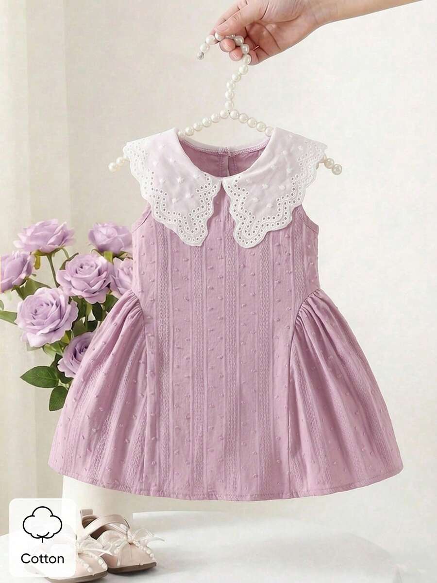 Little Girls Princess Pink Dress With Peter Pan Collar And Lace Detail