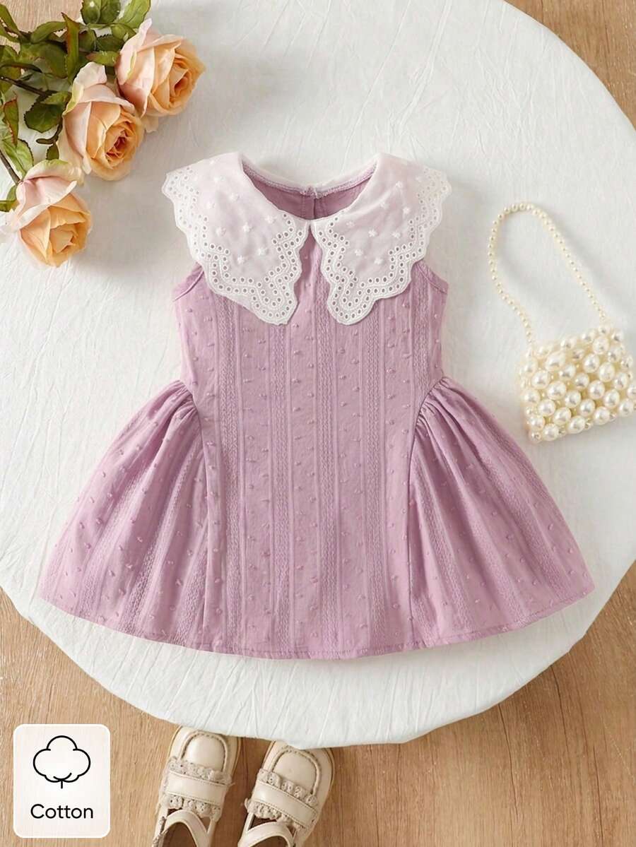 Little Girls Princess Pink Dress With Peter Pan Collar And Lace Detail