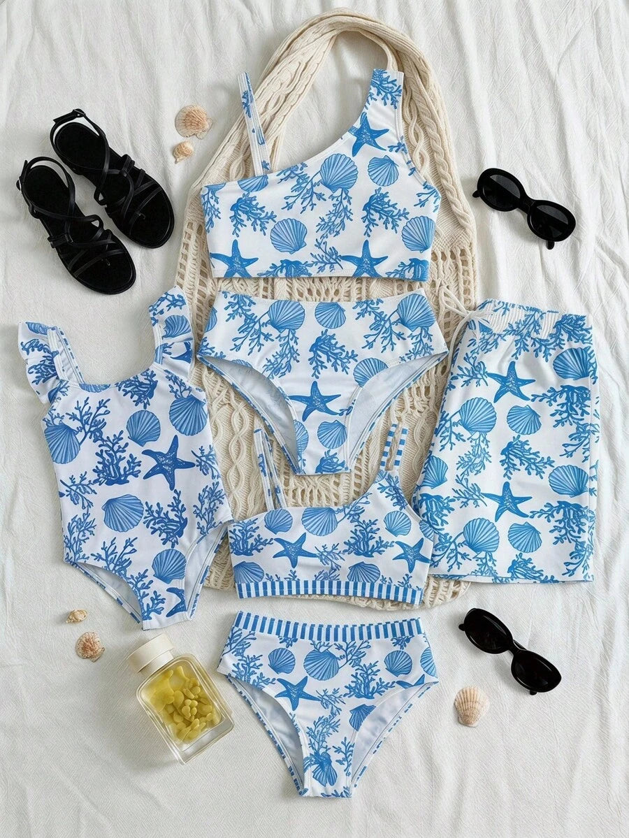 Vintage Shell Print One Piece Swimsuit For Baby Girls Summer Beach Vacation Wear