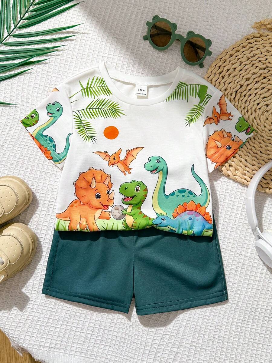 Baby Boy Animal Crayon Print T Shirt and Knitted Shorts 2 Piece Casual Spring Summer Outfit Set