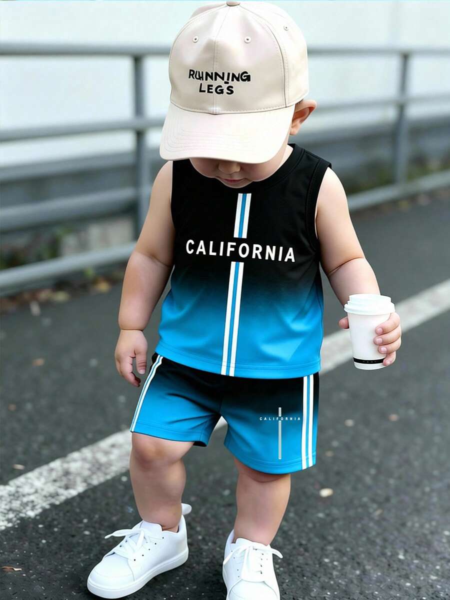 Baby Boy Gradient Logo Print Tank Top and Shorts 2 Piece Casual Summer Outfit Set