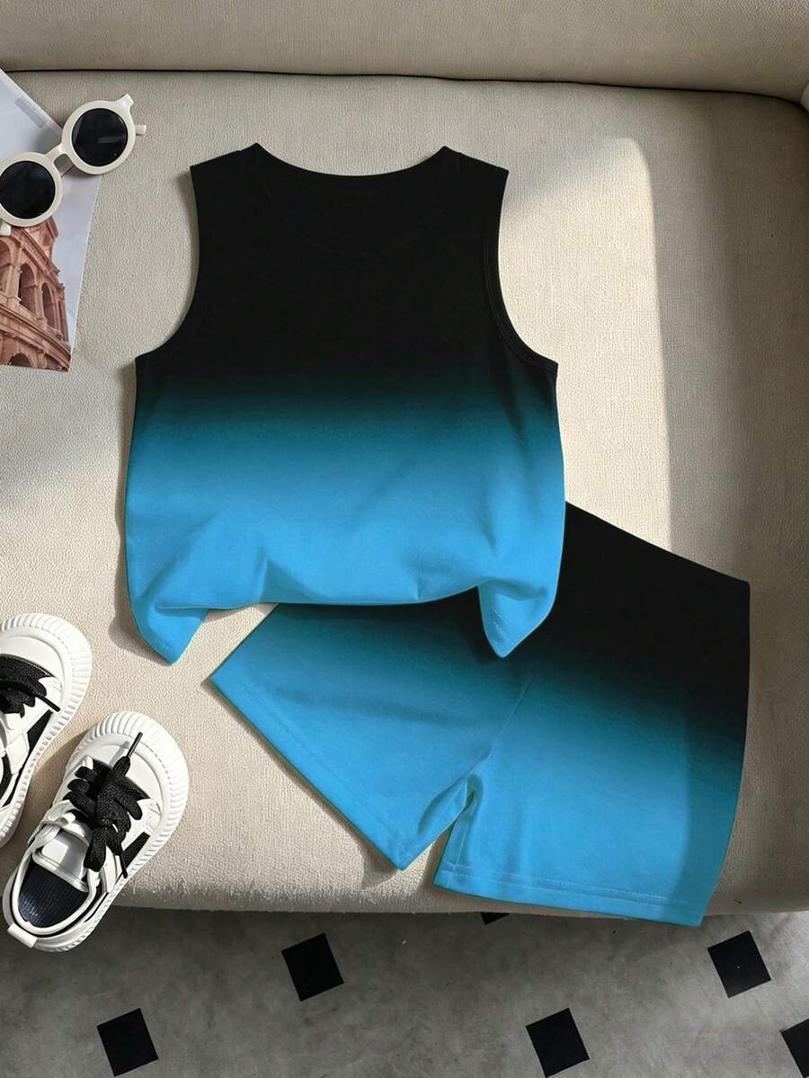 Baby Boy Gradient Logo Print Tank Top and Shorts 2 Piece Casual Summer Outfit Set