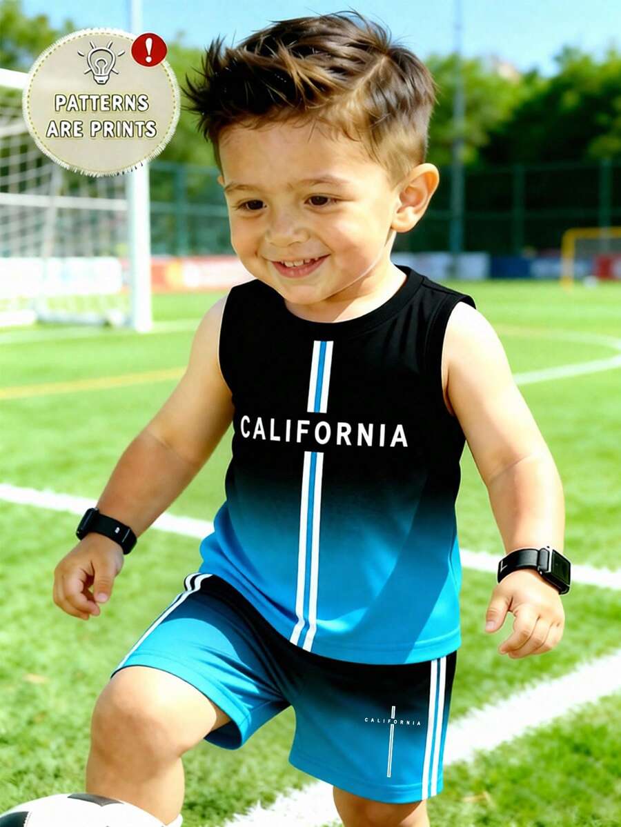 Baby Boy Gradient Logo Print Tank Top and Shorts 2 Piece Casual Summer Outfit Set