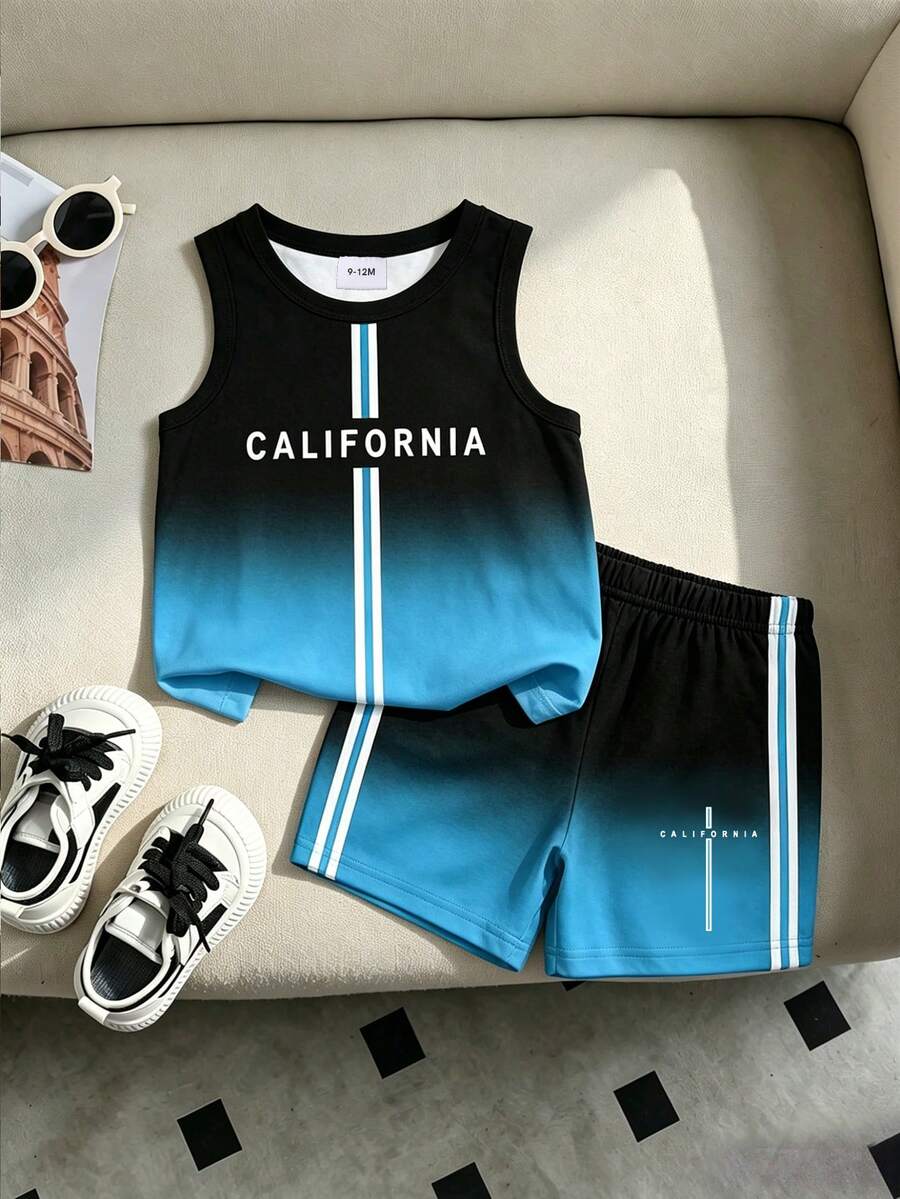 Baby Boy Gradient Logo Print Tank Top and Shorts 2 Piece Casual Summer Outfit Set
