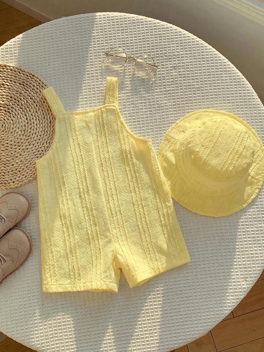 Baby Striped Bib Overalls and Bucket Hat 2 Piece Casual Summer Beach Outfit Set