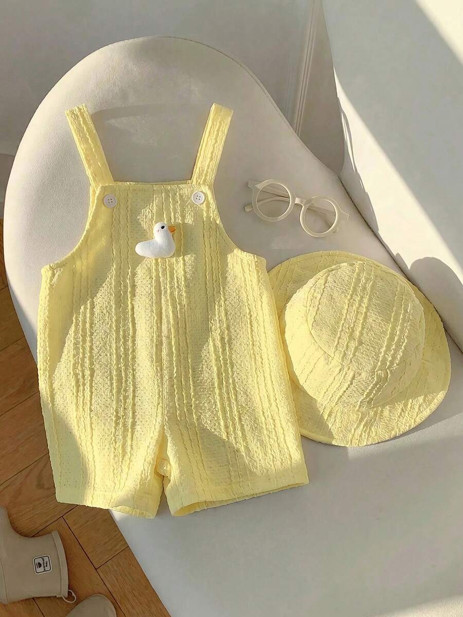 Baby Striped Bib Overalls and Bucket Hat 2 Piece Casual Summer Beach Outfit Set