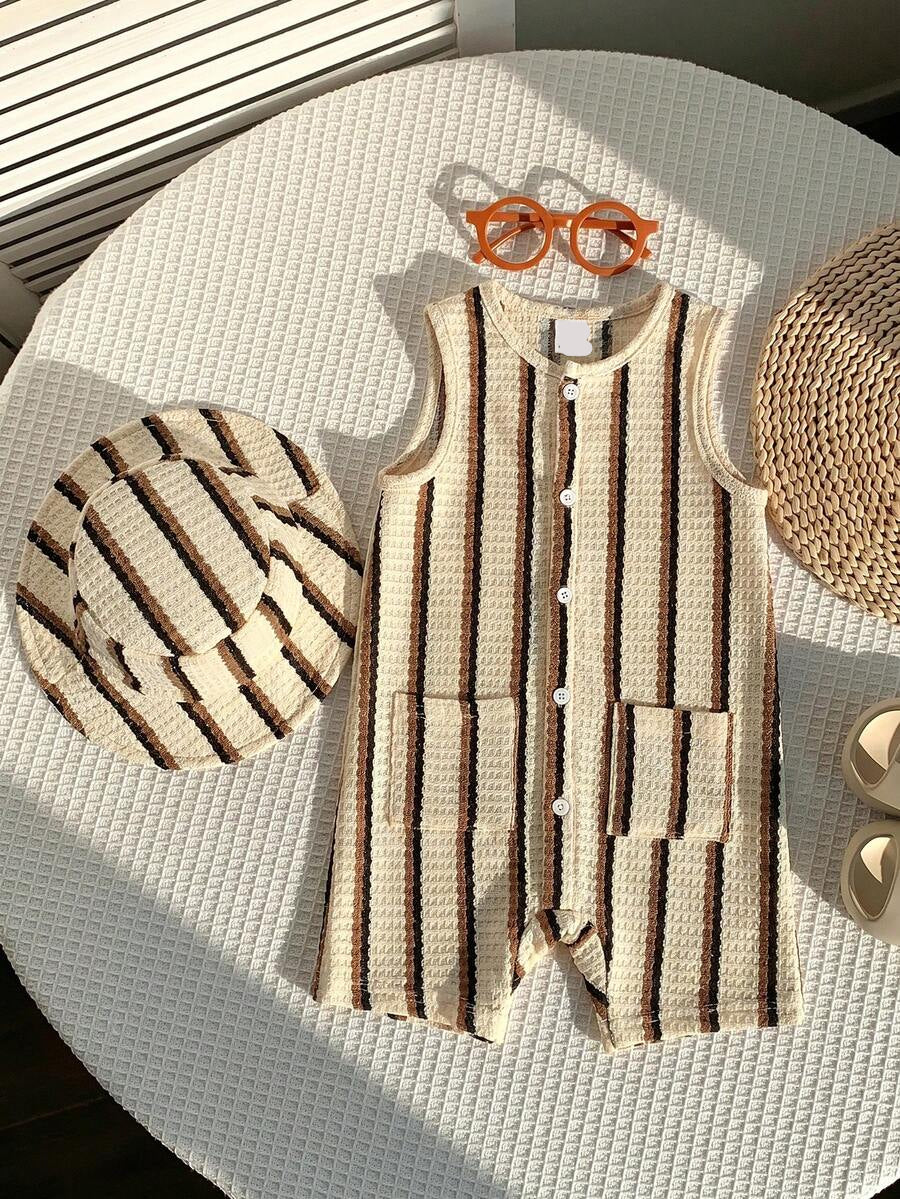 Unisex Baby Green White Striped Sleeveless Jumpsuit and Bucket Hat 2 Piece Summer Vacation Outfit Set