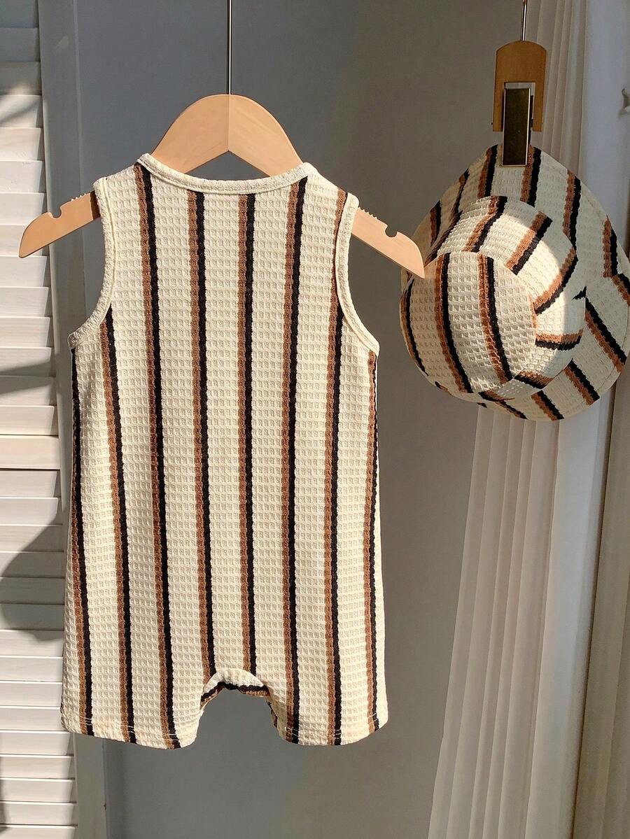 Unisex Baby Green White Striped Sleeveless Jumpsuit and Bucket Hat 2 Piece Summer Vacation Outfit Set