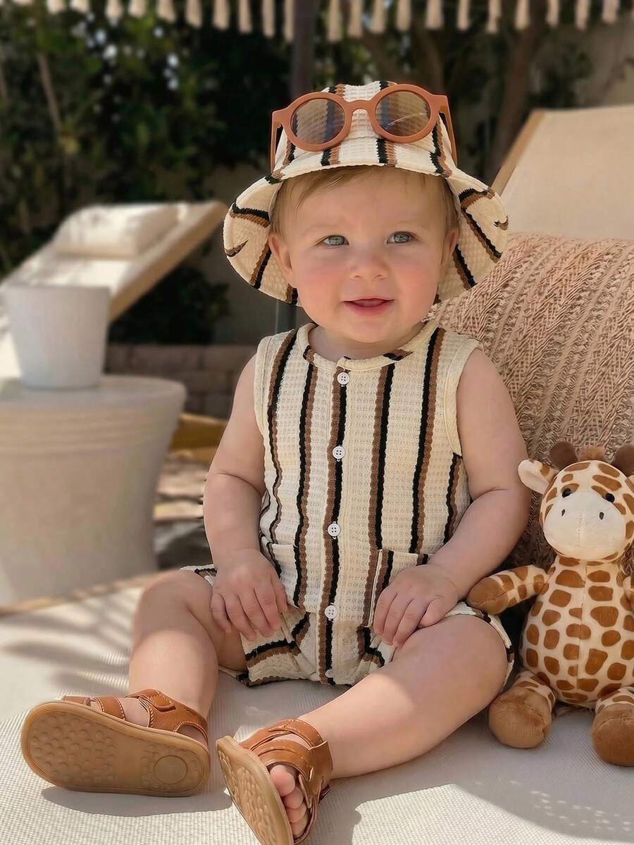 Unisex Baby Green White Striped Sleeveless Jumpsuit and Bucket Hat 2 Piece Summer Vacation Outfit Set