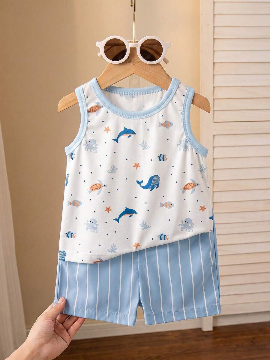 Baby Boy Striped Tank Top and Animal Embroidered Shorts 2 Piece Casual Summer Outfit Set