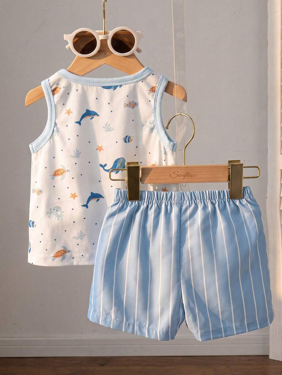 Baby Boy Striped Tank Top and Animal Embroidered Shorts 2 Piece Casual Summer Outfit Set