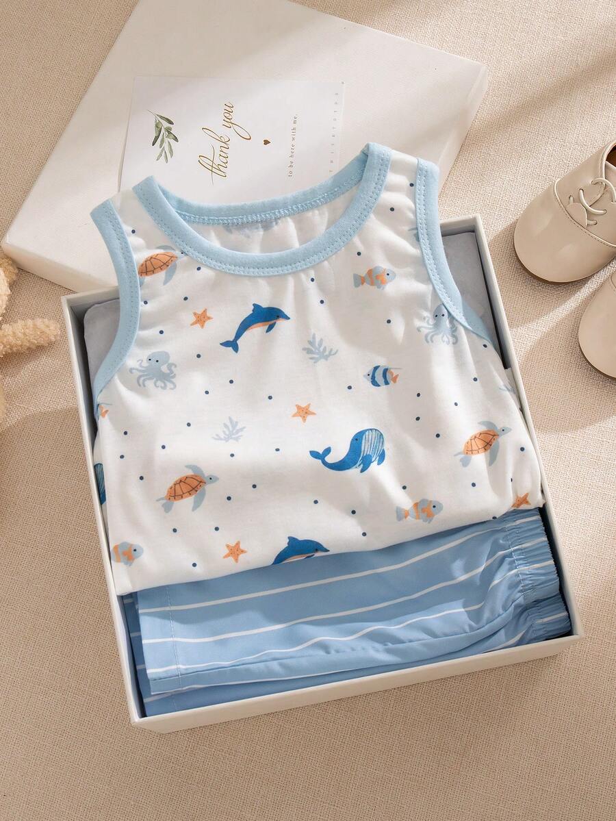 Baby Boy Striped Tank Top and Animal Embroidered Shorts 2 Piece Casual Summer Outfit Set