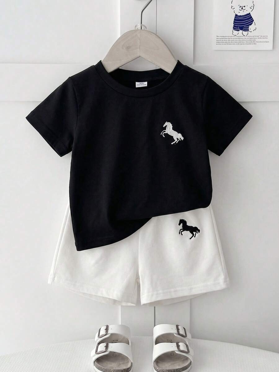 Infant Toddler Boys' Summer Outfit: Striped Waffle Tee and Letter Patch Shorts