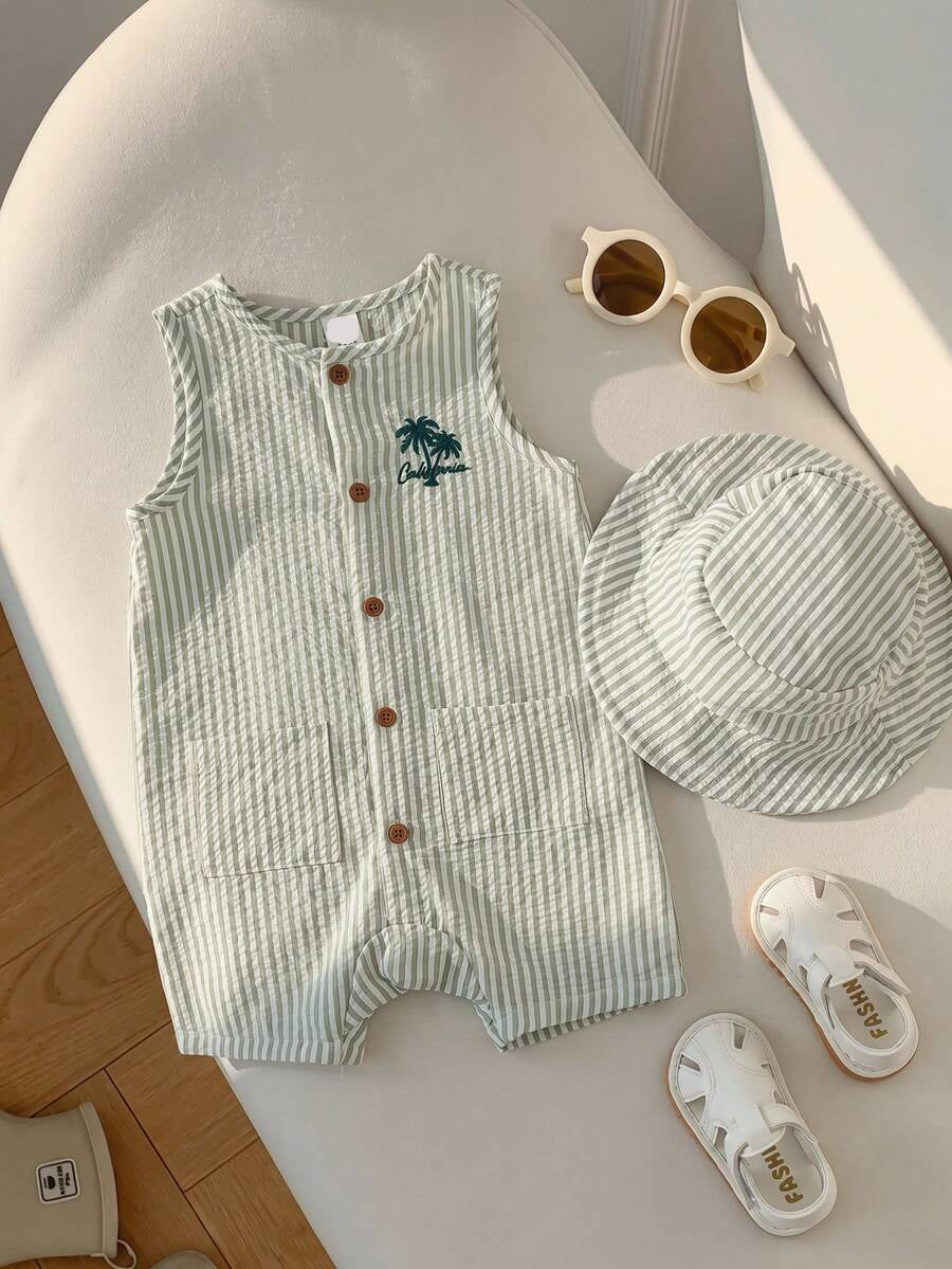 Unisex Baby Green White Striped Sleeveless Jumpsuit and Bucket Hat 2 Piece Summer Vacation Outfit Set