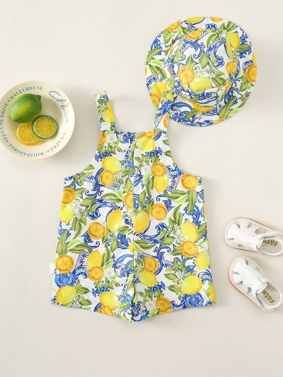 Baby Striped Bib Overalls and Bucket Hat 2 Piece Casual Summer Beach Outfit Set