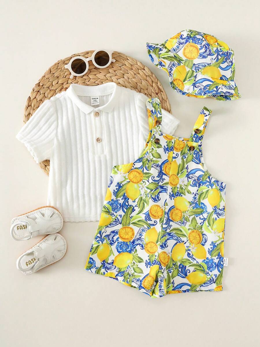 Baby Striped Bib Overalls and Bucket Hat 2 Piece Casual Summer Beach Outfit Set