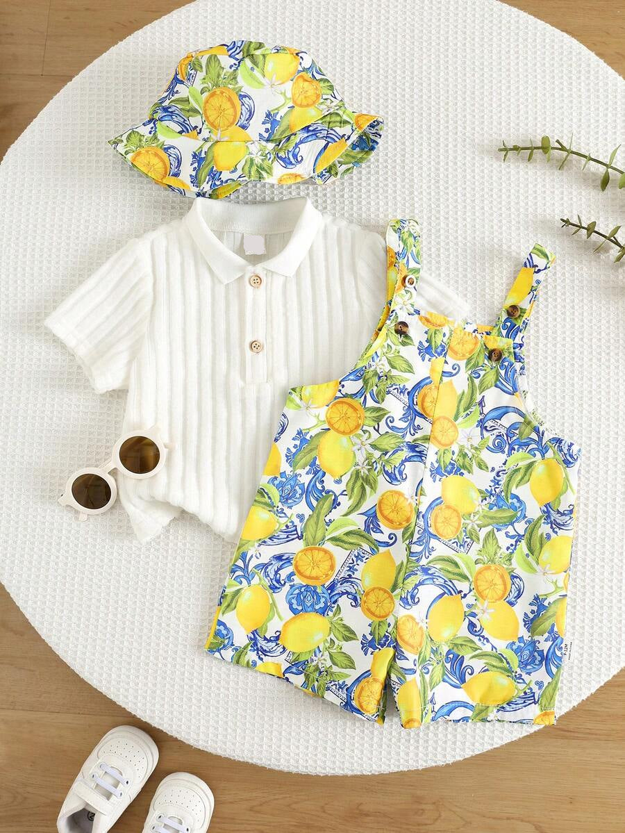 Baby Striped Bib Overalls and Bucket Hat 2 Piece Casual Summer Beach Outfit Set