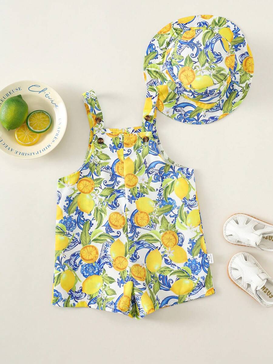 Baby Striped Bib Overalls and Bucket Hat 2 Piece Casual Summer Beach Outfit Set