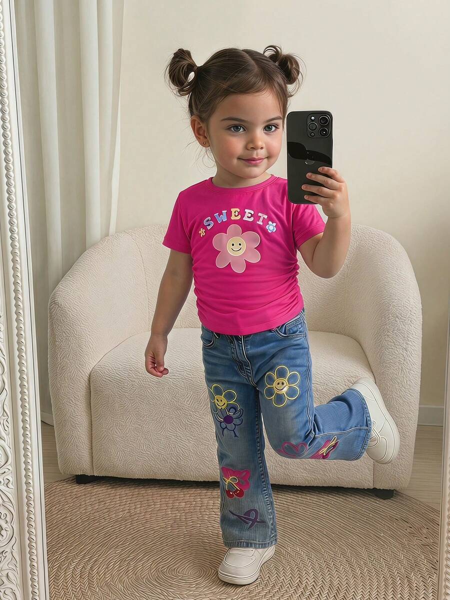 Spring Summer Flare Pants Outfit For Little Girls With Bow Print Design