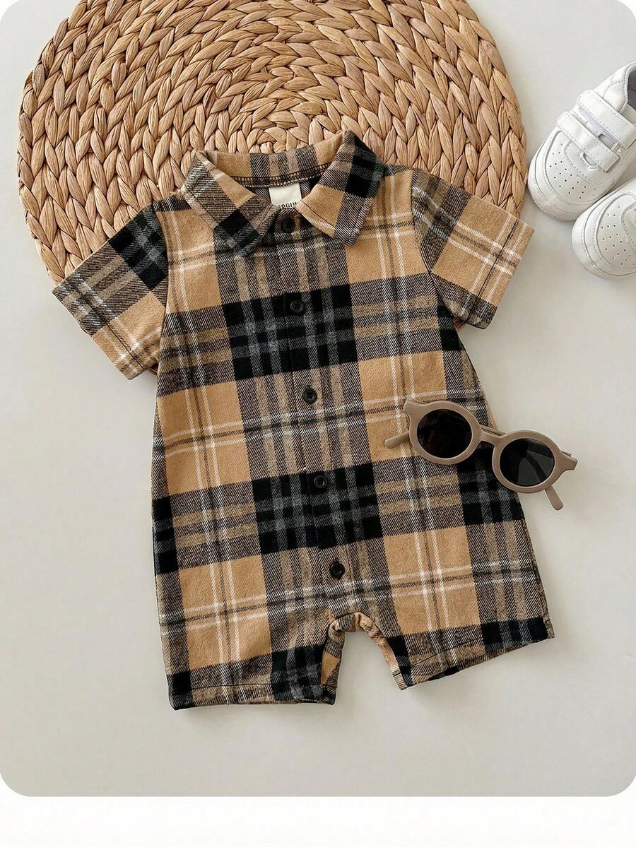 Baby Boy Plaid Short Sleeve Romper Formal Summer Outfit for Birthday Party Christening and Special Occasions