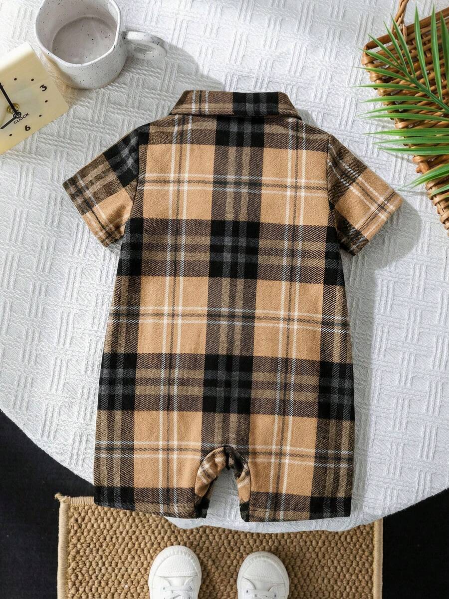 Baby Boy Plaid Short Sleeve Romper Formal Summer Outfit for Birthday Party Christening and Special Occasions