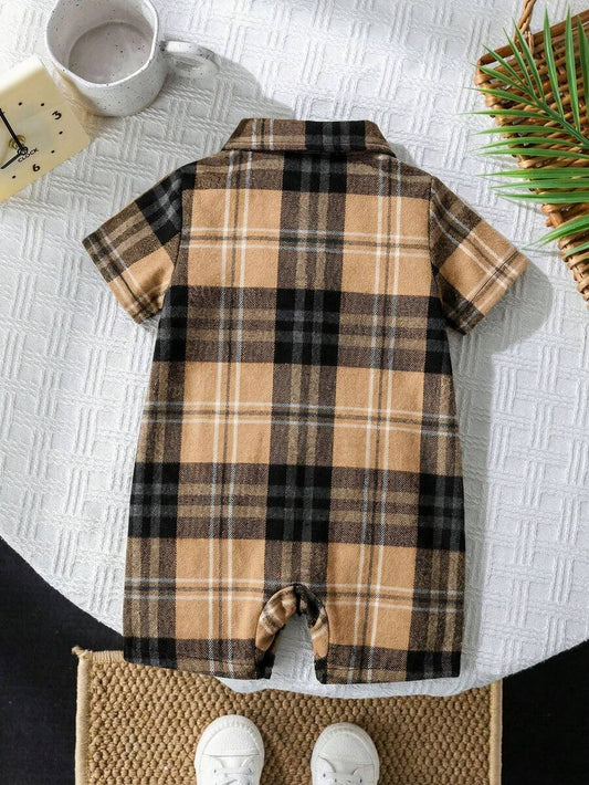 Baby Boy Plaid Short Sleeve Romper Formal Summer Outfit for Birthday Party Christening and Special Occasions
