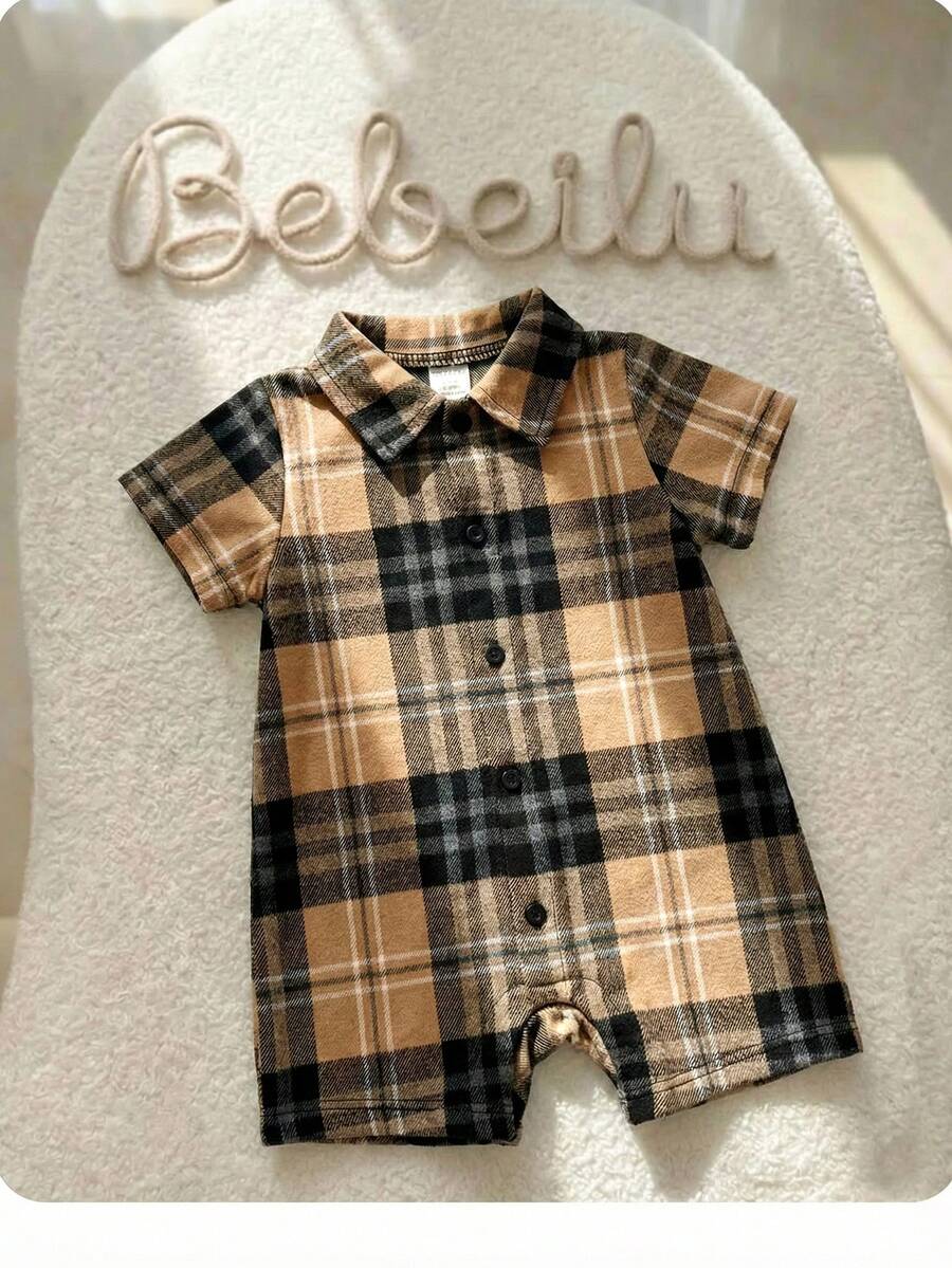 Baby Boy Plaid Short Sleeve Romper Formal Summer Outfit for Birthday Party Christening and Special Occasions
