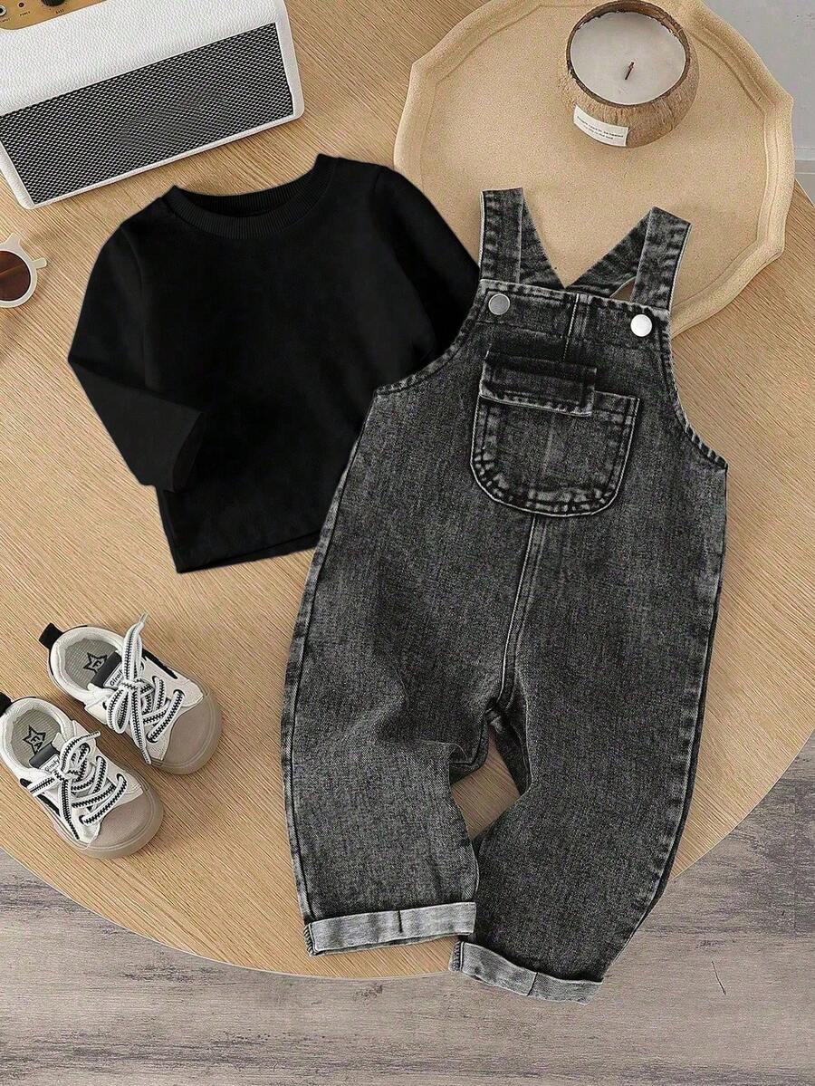 Baby Boy Solid Tee and Roll Up Hem Denim Overall Jumpsuit Casual Spring Summer Outfit Set
