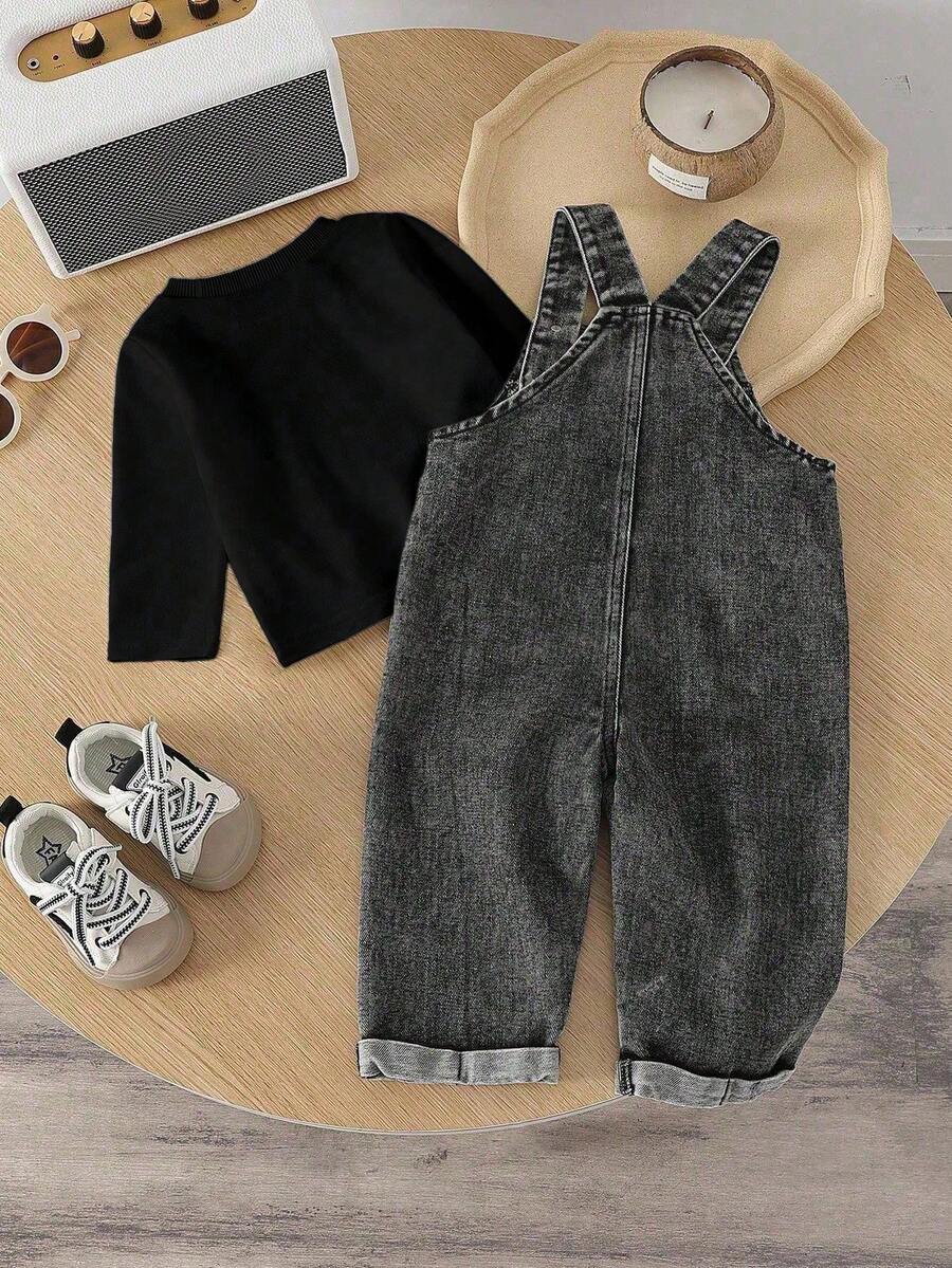 Baby Boy Solid Tee and Roll Up Hem Denim Overall Jumpsuit Casual Spring Summer Outfit Set