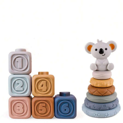 Baby Sensory Learning Toy Set – Soft Number Blocks, Animal Bowling Balls & Rainbow Stacking Rings