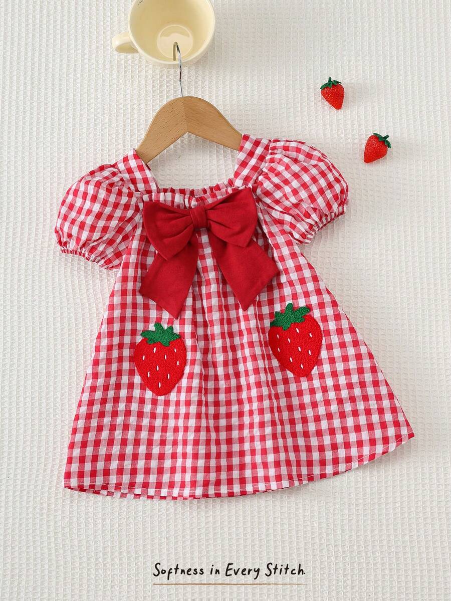 Baby Girl Plaid Bow Detail Short Sleeve Dress Cute Summer Vacation Outfit