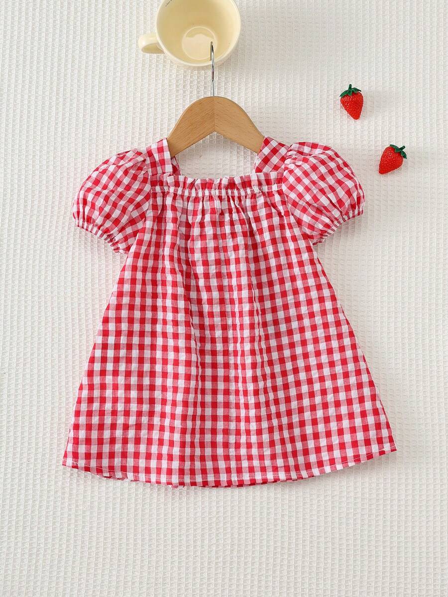 Baby Girl Plaid Bow Detail Short Sleeve Dress Cute Summer Vacation Outfit