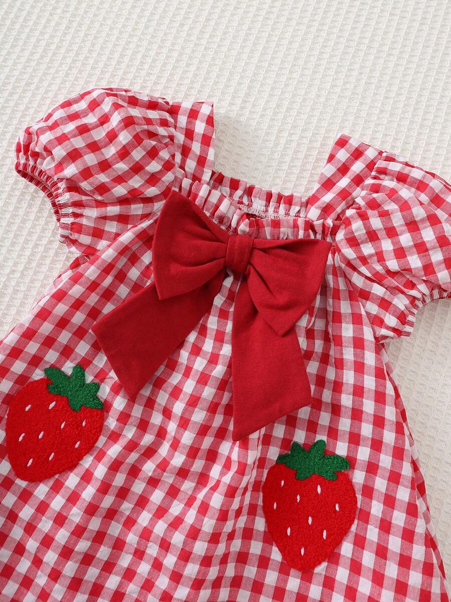Baby Girl Plaid Bow Detail Short Sleeve Dress Cute Summer Vacation Outfit