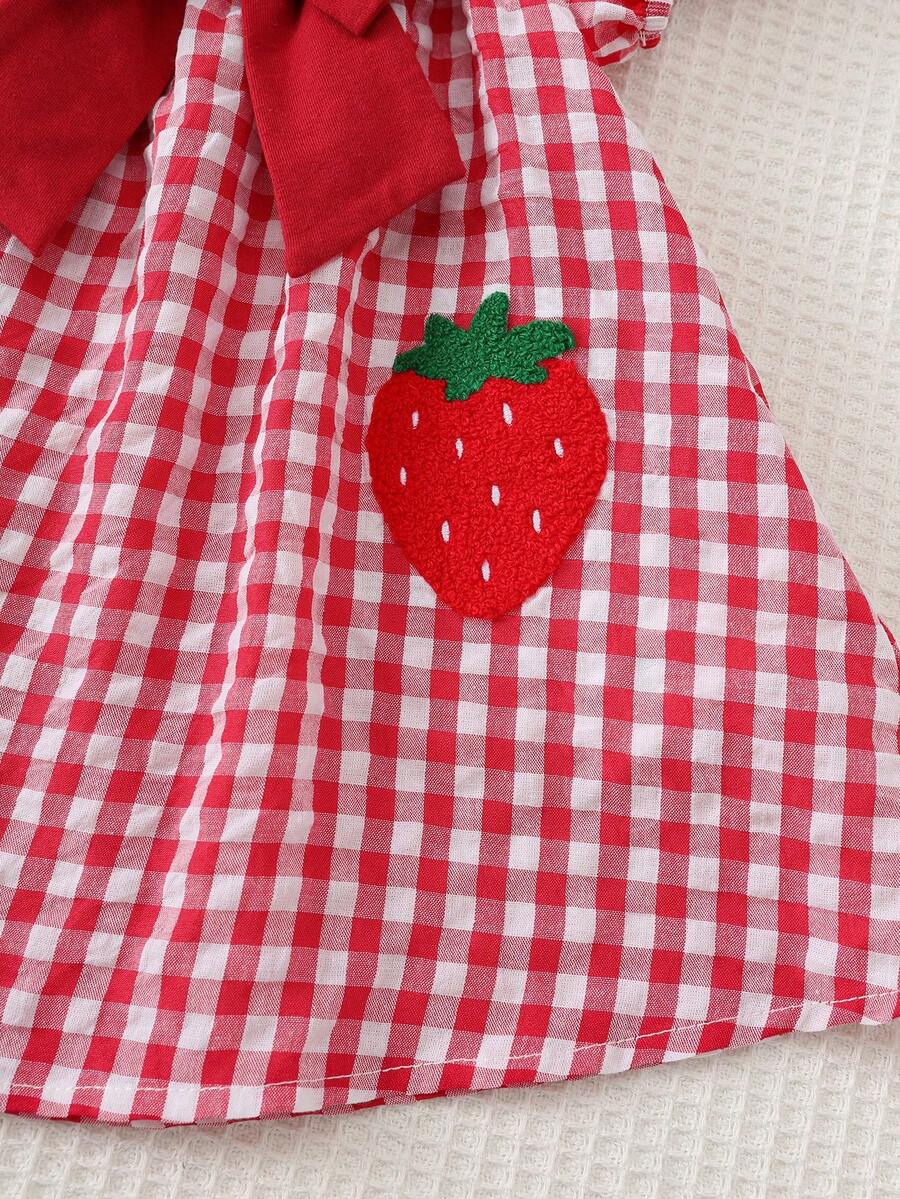 Baby Girl Plaid Bow Detail Short Sleeve Dress Cute Summer Vacation Outfit