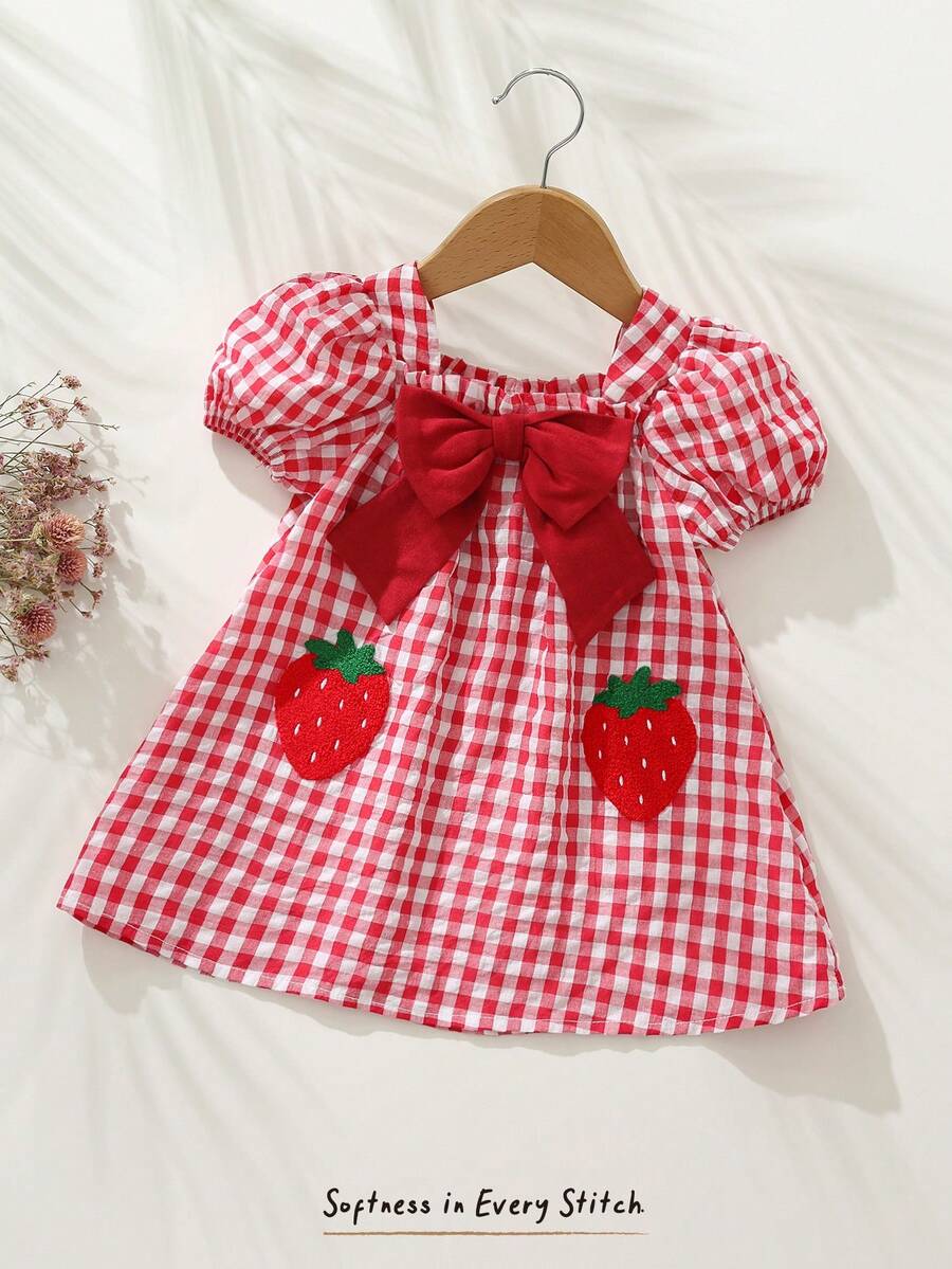 Baby Girl Plaid Bow Detail Short Sleeve Dress Cute Summer Vacation Outfit