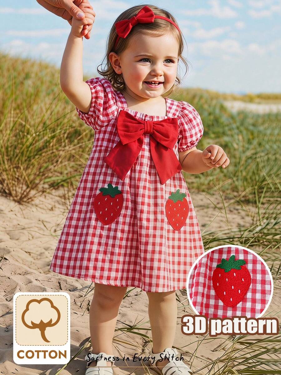 Baby Girl Plaid Bow Detail Short Sleeve Dress Cute Summer Vacation Outfit