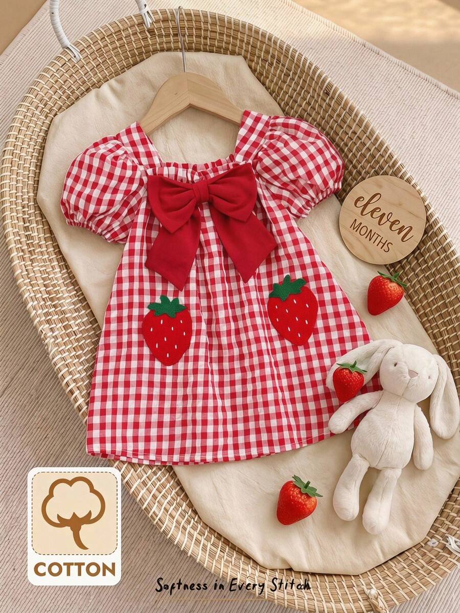 Baby Girl Plaid Bow Detail Short Sleeve Dress Cute Summer Vacation Outfit