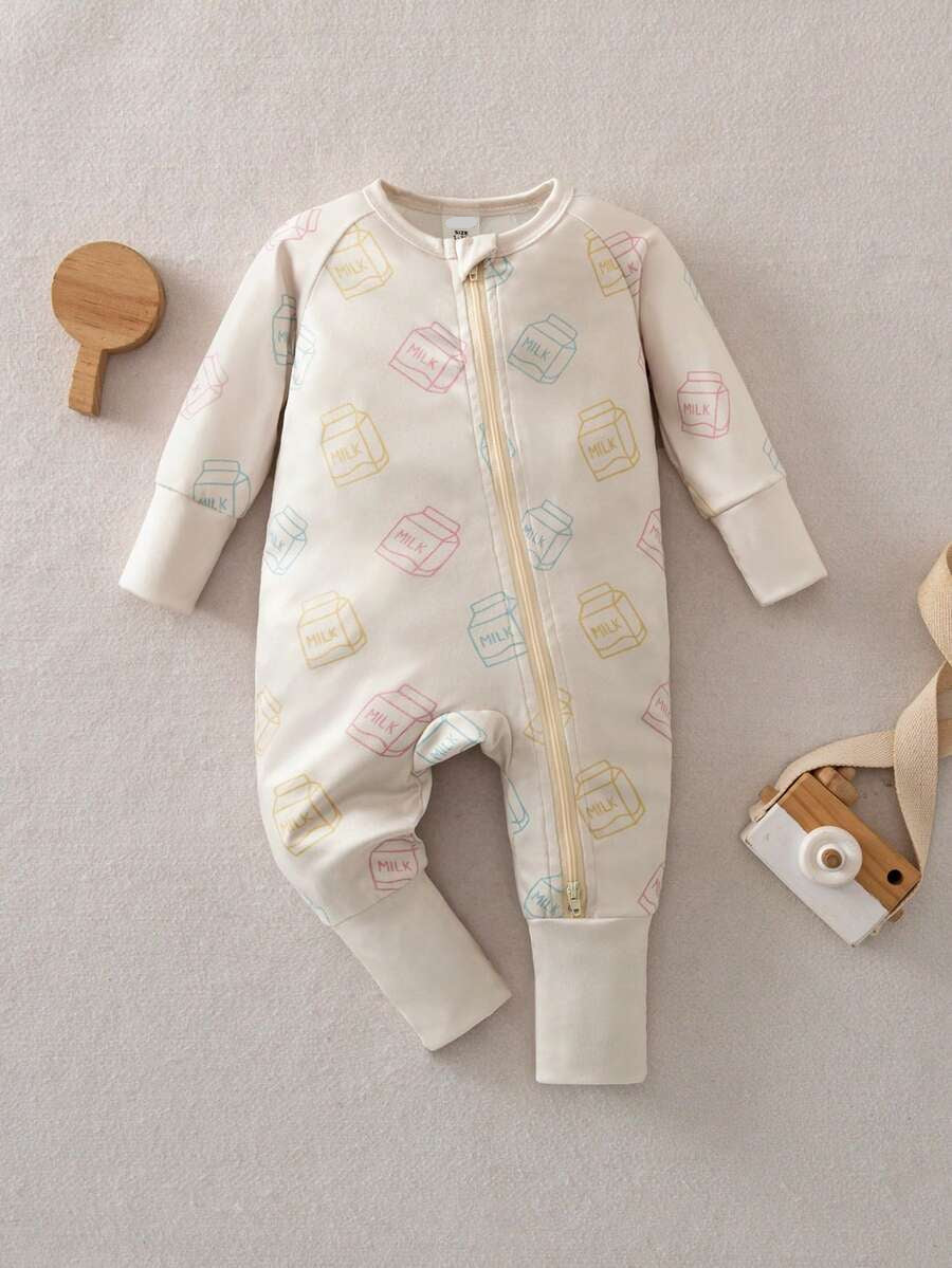 Baby Boy Cookie Print Zip Up Long Sleeve Jumpsuit Pajamas Soft One Piece Sleepwear