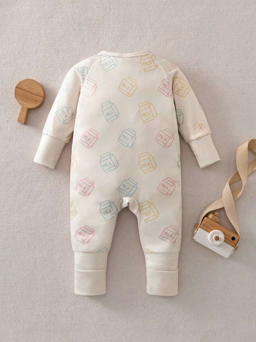 Baby Boy Cookie Print Zip Up Long Sleeve Jumpsuit Pajamas Soft One Piece Sleepwear