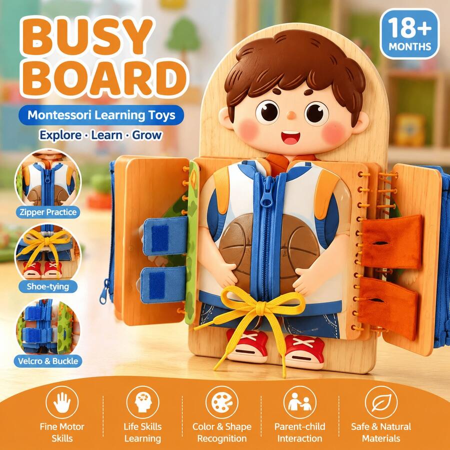 Montessori Busy Board for Toddlers – Sensory Learning Toy for Fine Motor & Dressing Skills