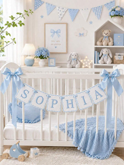 Personalized Embroidered Baby Name Banner – Custom Nursery Crib Decor & Newborn Gift